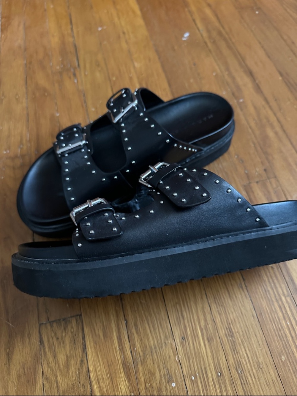 Marc Fisher Black Studded Double-Buckle Slide Sandals - Picture 2 of 7